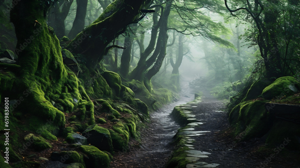 Enchanting trail through a lush verdant temperate forest of old trees, moss and green vegetation. 