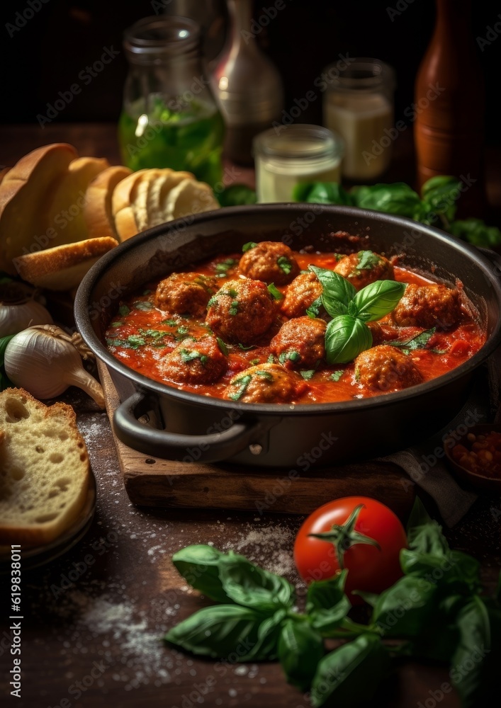 Polpette al Sugo accompanied by some fresh basil leaves and crusty bread