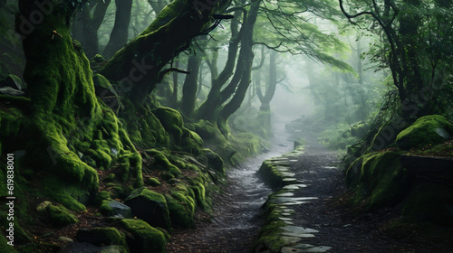 Enchanting trail through a lush verdant temperate forest of old trees, moss and green vegetation. 
