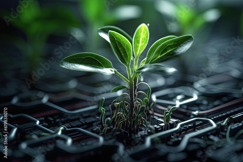 Generative AI illustration of glowing plant growing on computer chip representing digital ecology business and blurred background photo