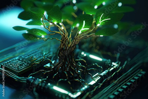 Generative AI illustration of glowing plant growing on computer chip representing digital ecology business