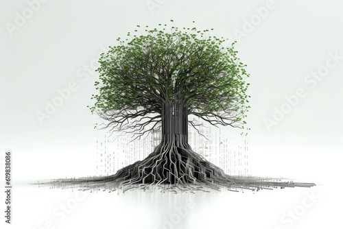 Generative AI illustration of green tree made with white cables representing concept of environmental protection photo