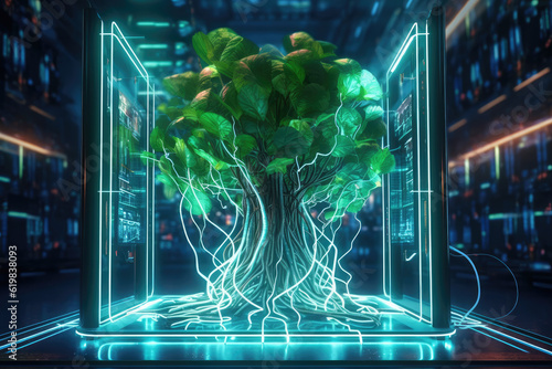 Generative AI illustration of contemporary glass wall with glowing neon lights and big green tree in server room photo