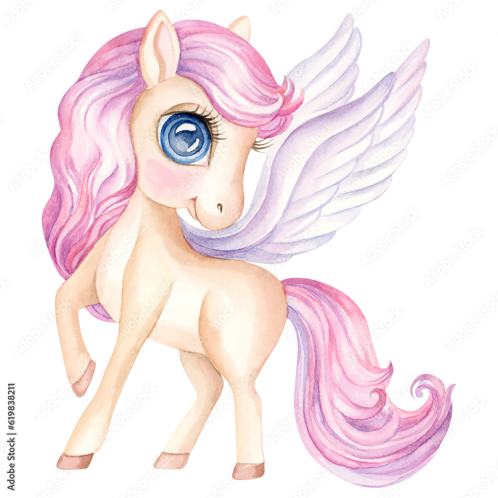 Cute magical pony with wings. Hand drawn watercolor illustration of ...