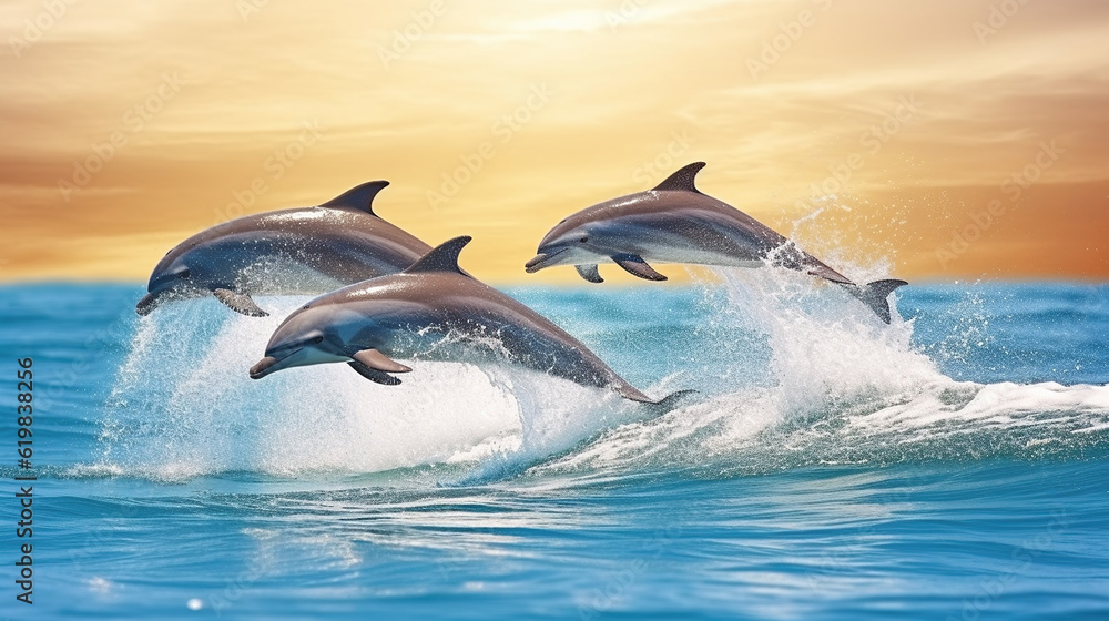Fototapeta premium Dancing with Delight, A Group of Dolphins Leaping and Frolicking in the Water. Generative AI