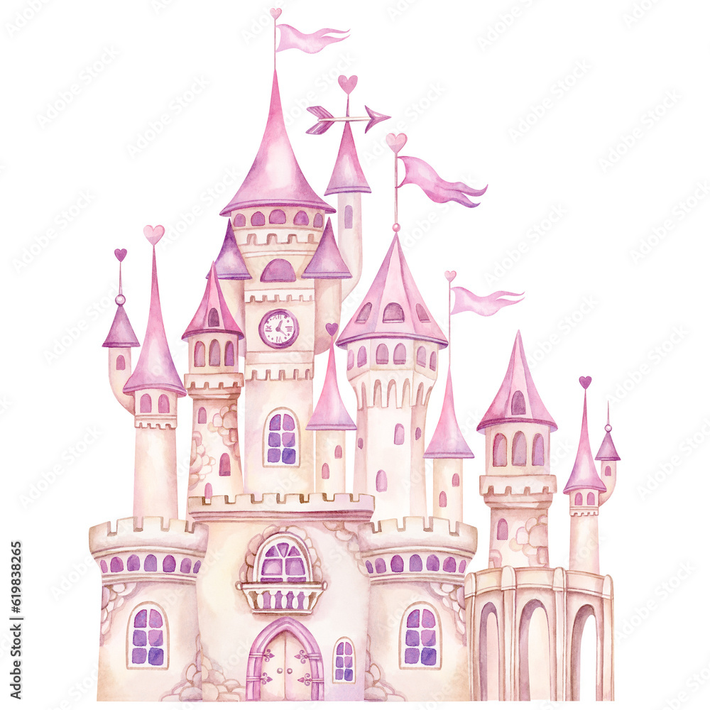 Magic princess castle. Pink fairytale watercolor hand painted illustration isolated on white background. Ideas for baby shower invitation, kids greeting cards, girls nursery decoration