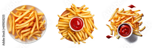 Set of french fries, with ketchup isolated on transparent background, top view