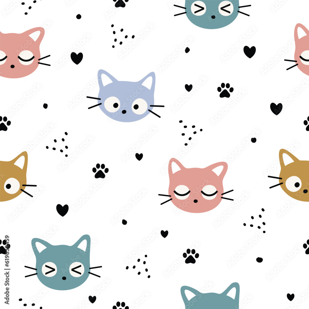 Cute cat seamless pattern. Cartoon animal background. Design for textile, fabric, wrapping, wallpaper, print. Vector illustration