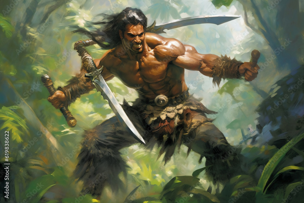 Digital painting of a warrior with a sword in his hands in the forest