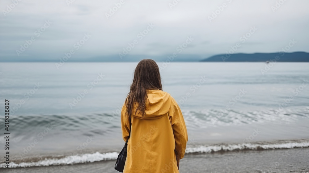 Back view of anonymous girl on raincoat standing on the sea shore. Generative AI Back view of anonymous girl on raincoat standing on the sea shore. Generative AI