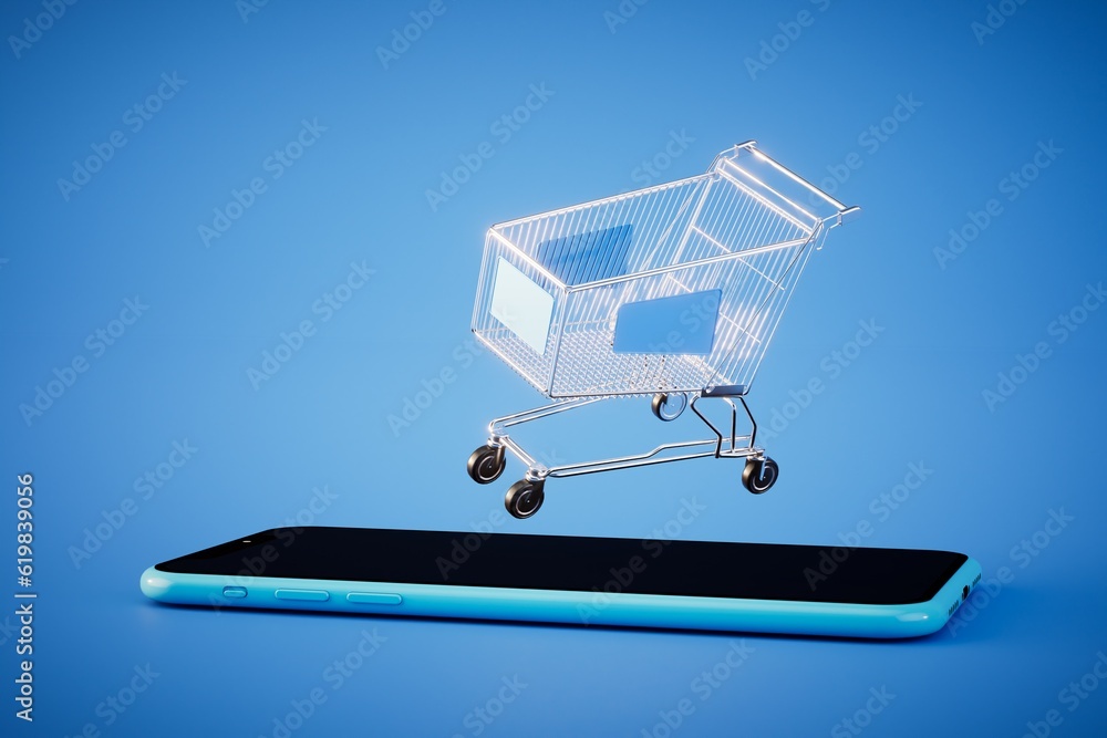 The concept of online shopping. smartphone and a cart for goods on a blue background. 3D render