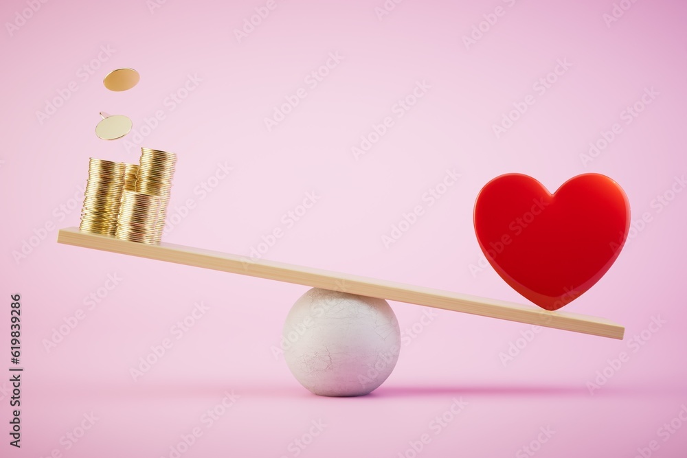 Heart and money on balance scale. 3d render Heart and money on balance scale. 3d render