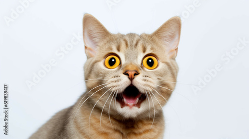 Close-up portrait of a shocked cat with open mouth on a white background. Cat surprised on isolated white background.