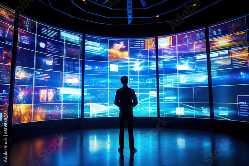 Generative AI futuristic illustration of back view of silhouette of unrecognizable male character working with large screen in dark cyberspace