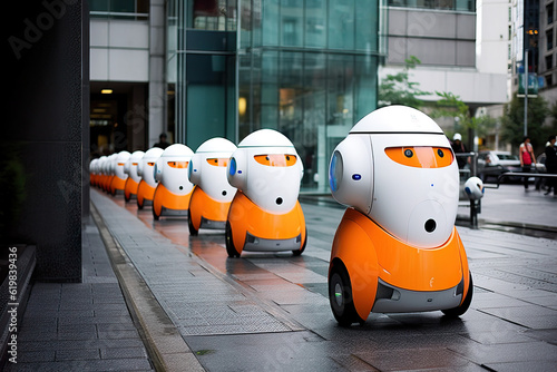 Generative AI fantasy illustration of line of orange robotic androids on wheels on street