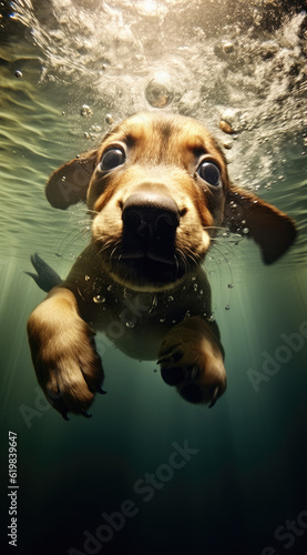 Generative AI illustration of cute curious dog swimming under water in clean sea looking at camera photo
