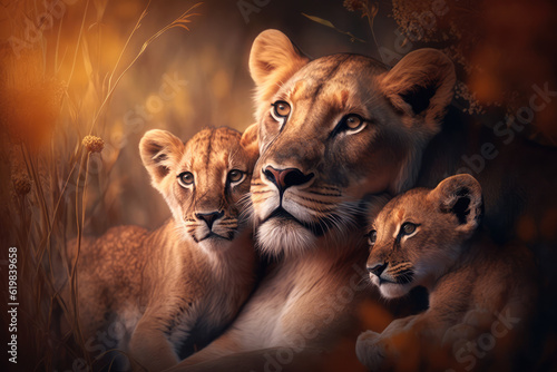 A mother lioness affectionately shows tenderness and love towards her cute cubs during a heartwarming moment, queen of the jungle, mighty wild animal in nature, grasslands and savannah 