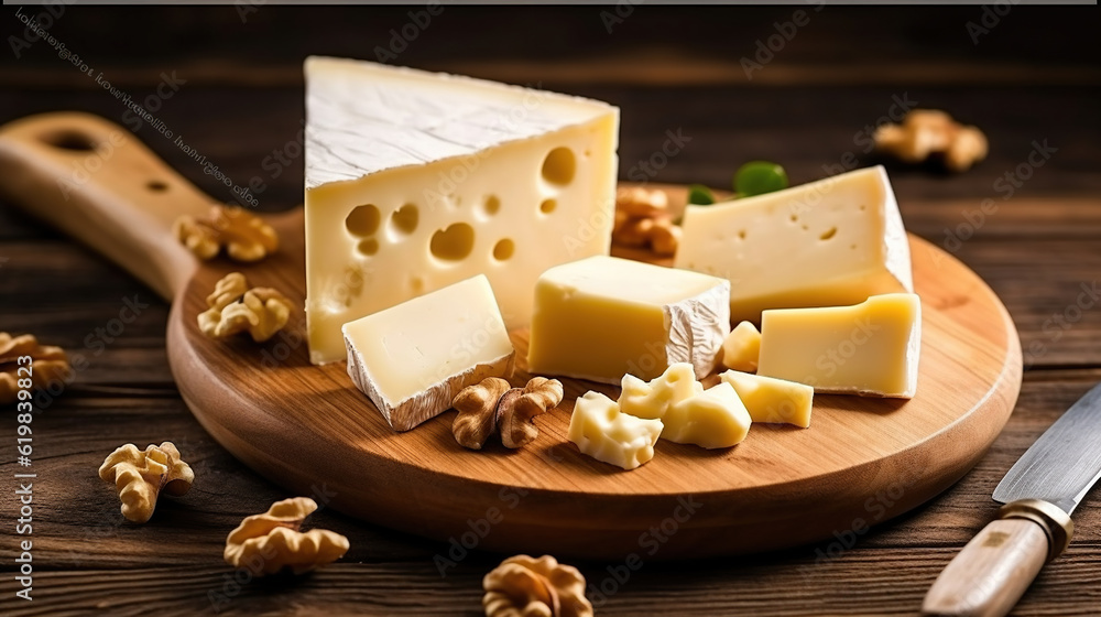 A Bountiful Display of Fresh Cheese and Nuts on a Wooden Board. Generative AI