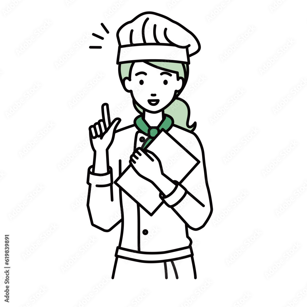 立って書類を手に持って何かひらめいた調理師の女性