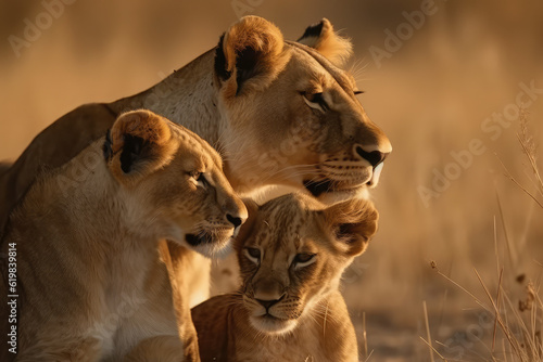 A mother lioness affectionately shows tenderness and love towards her cute cubs during a heartwarming moment, queen of the jungle, mighty wild animal in nature, grasslands and savannah 