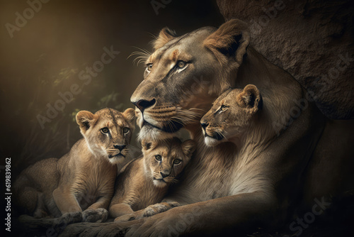 A mother lioness affectionately shows tenderness and love towards her cute cubs during a heartwarming moment, queen of the jungle, mighty wild animal in nature, grasslands and savannah 