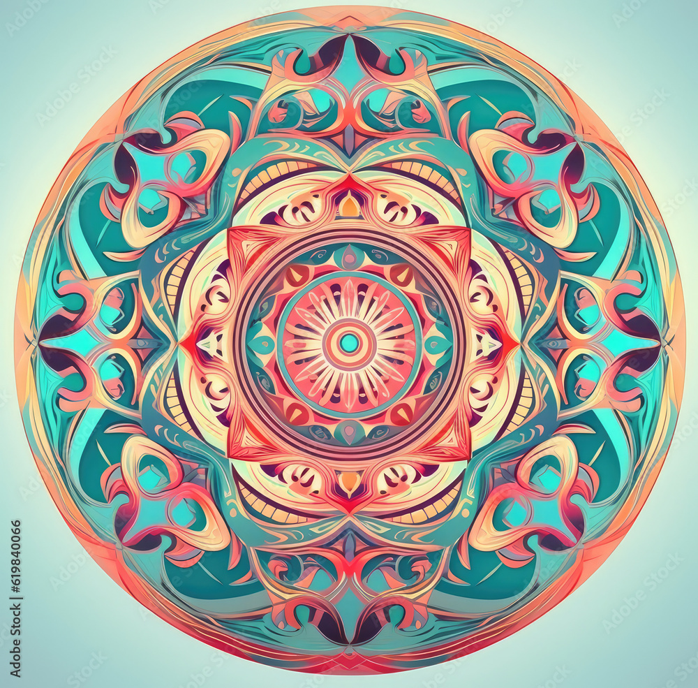 Abstract mandala pattern isolated on orange background, seamless pattern for design, textile, symmetric neon glowing circular, ancient design patterns, generative AI
