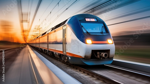 A High-Speed Train Blazes Through Rail Tracks with Impressive Speed. Generative AI