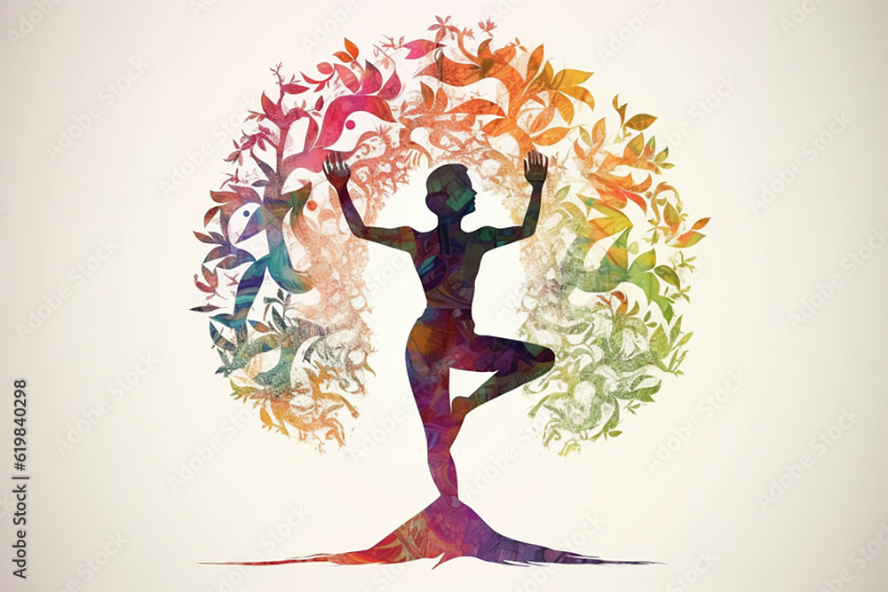 Human meditating, merging with nature, large tree in background, radical colors, contour, white background