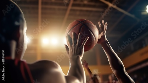 Basketball on hand of player shooting basket in gym, Generative AI