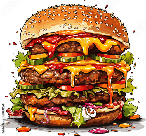 Illustration of a great delicious burger with melted cheese, lettuce, tomatoes and meat. Unhealthy food illustrations suitable for articles or presentation elements clipart.
