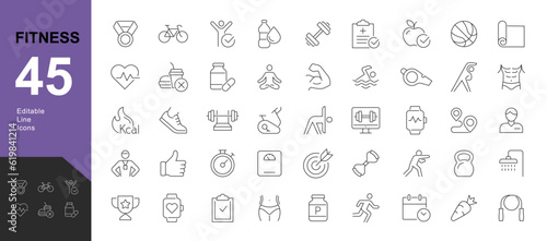 Fitness Line Editable Icons set. Vector illustration of modern thin line style icons of the components of an active lifestyle: types of physical activity, proper nutrition, and sports equipment.