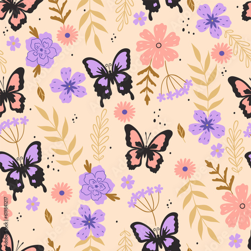 Seamless pattern with butterflies and flowers. Vector graphics.