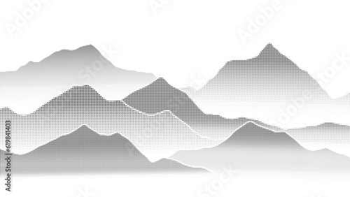 Abstract mountain background vector. Mountain landscape with fading dot effect, halftone, dot grunge texture. Black and white hills art wallpaper design for print, wall art, cover and interior.