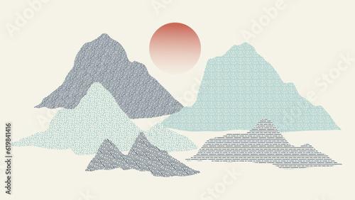 Mountain in oriental style background vector. Chinese landscape with dot pattern  hills  sun line art  Japanese pattern. Minimal mountains art wallpaper design for print  wall art  cover and interior.