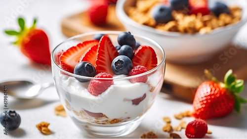 Homemade Yogurt with Strawberries, Berries, and Cereals on a White Background, Top View. Generative AI