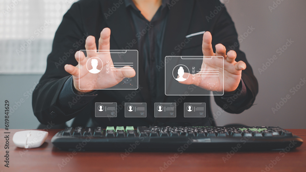 Naklejka premium Human Resources HR management Recruitment Employment Headhunting Concept , Human Resources uses computers to search and select job applicantsThe process of selecting people to join the work of the HR.