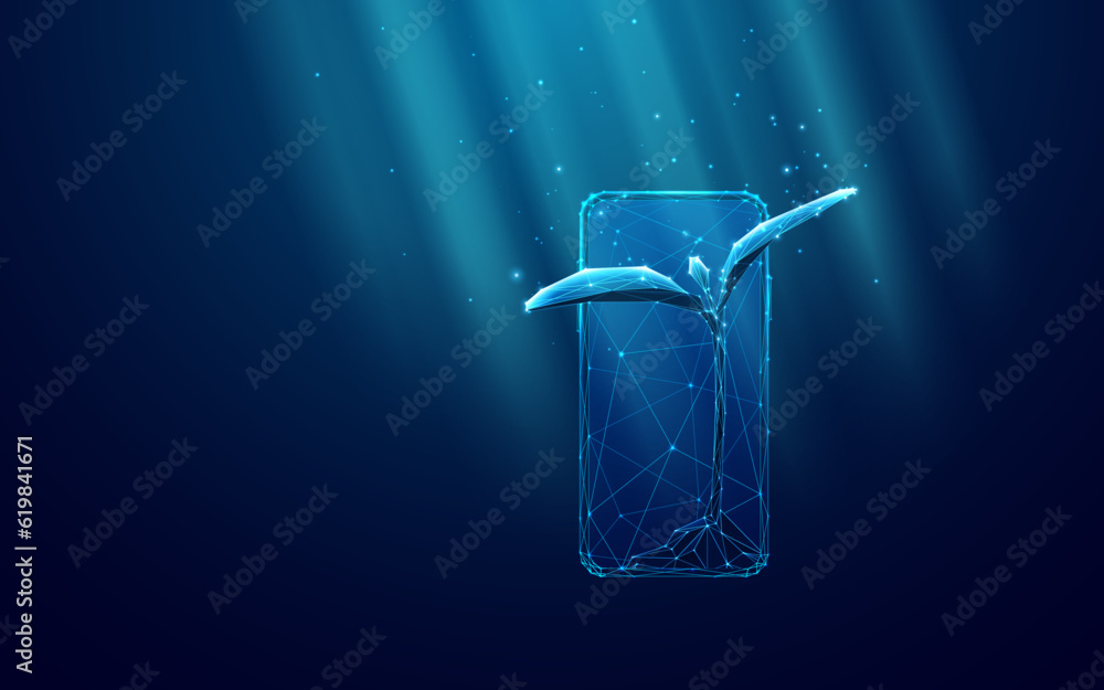 Abstract Smartphone with Digital Plants. Smart Farming Concept. Abstract Sprout on Dark Blue Background. The Plant Reaches for Rays of Light. Geometric Sprout and Mobile Phone. Vector Illustration Abstract Smartphone with Digital Plants. Smart Farming Concept. Abstract Sprout on Dark Blue Background. The Plant Reaches for Rays of Light. Geometric Sprout and Mobile Phone. Vector Illustration