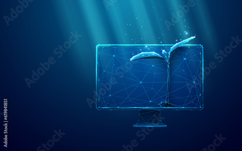 Smart Farming Concept in Low Poly Wireframe Style. Biotechnology Environmental Technology on Dark Blue Background. Abstract Geometric Plant on Computer Monitor Screen. Digital Vector Illustration.
