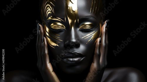 Beautiful young woman with black and gold body paint and closeup