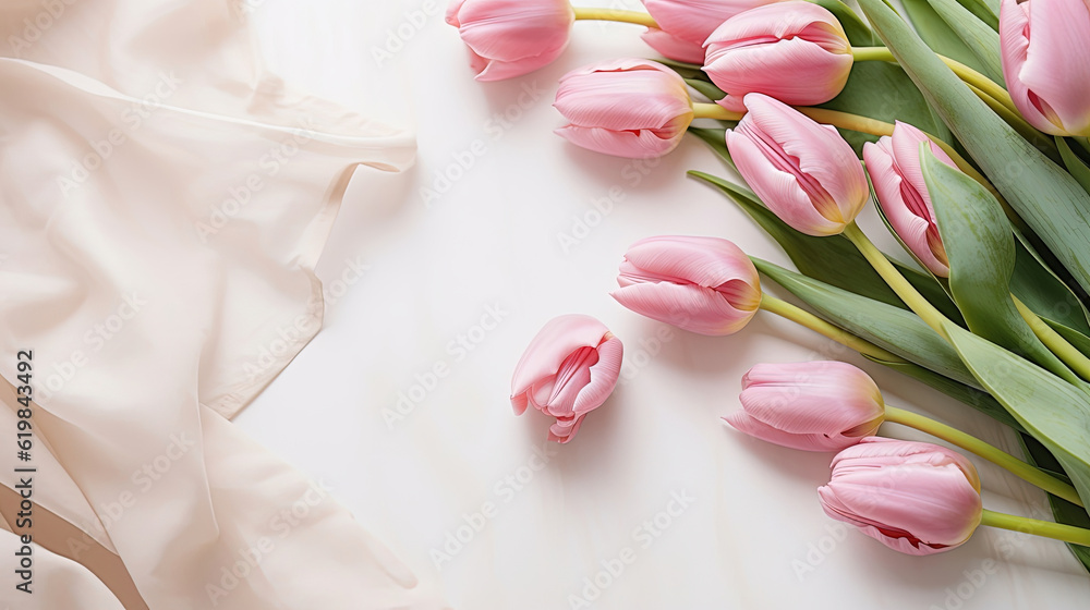 Pink tulips with petals on cream, beige textile background. Springtime holiday card design with copy-space. Easter, Birthday, Mothers day, International Women day