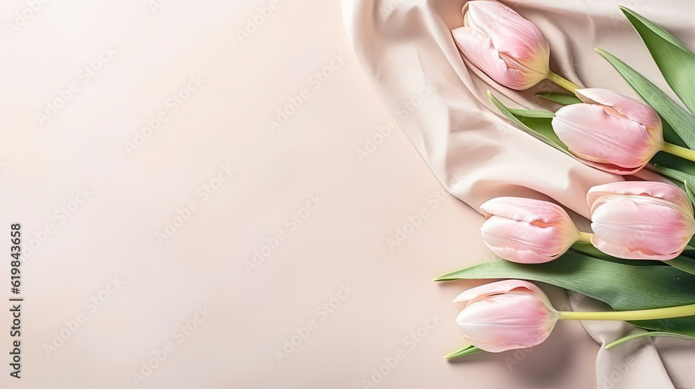 Pink tulips with petals on cream, beige textile background. Springtime holiday card design with copy-space. Easter, Birthday, Mothers day, International Women day