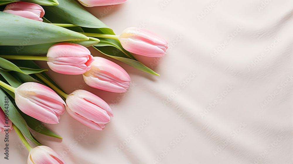 Pink tulips with petals on cream, beige textile background. Springtime holiday card design with copy-space. Easter, Birthday, Mothers day, International Women day