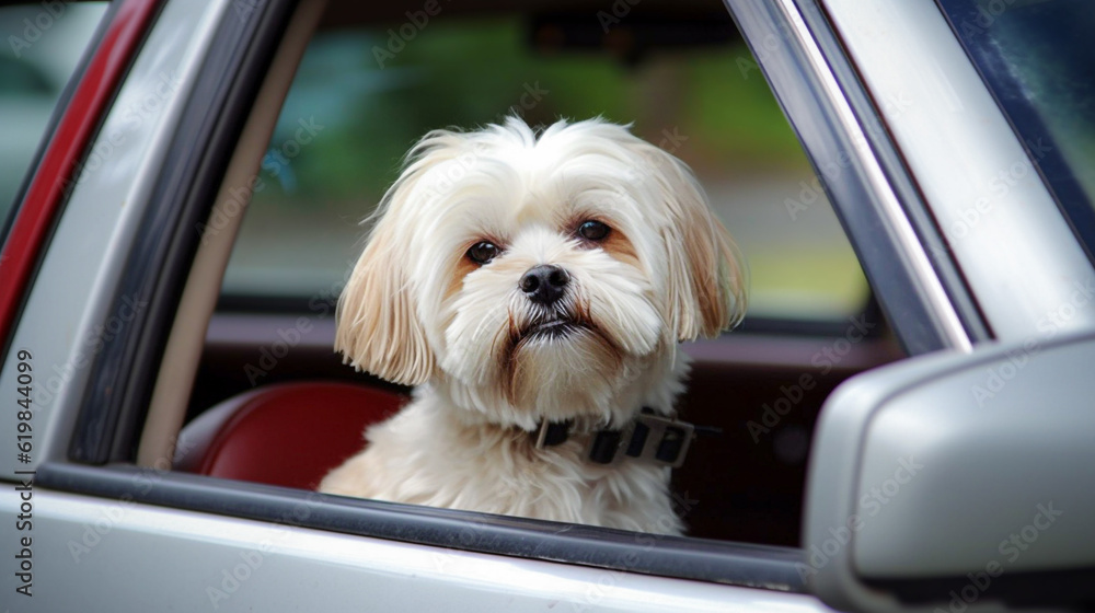 Cute Maltese dog sitting in a car and looking out the window. Selective Focus Cute Maltese dog sitting in a car and looking out the window. Selective Focus