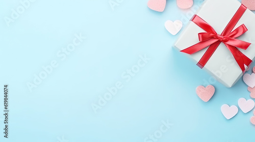 Top view of box  hearts and an envelope with free space for text on a pastel blue background. Mother s day concept. Flat lay  top view. Colored hearts tied together