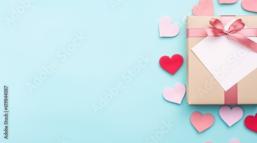 Top view of box, hearts and an envelope with free space for text on a pastel blue background. Mother's day concept. Flat lay, top view. Colored hearts tied together © Absent Satu
