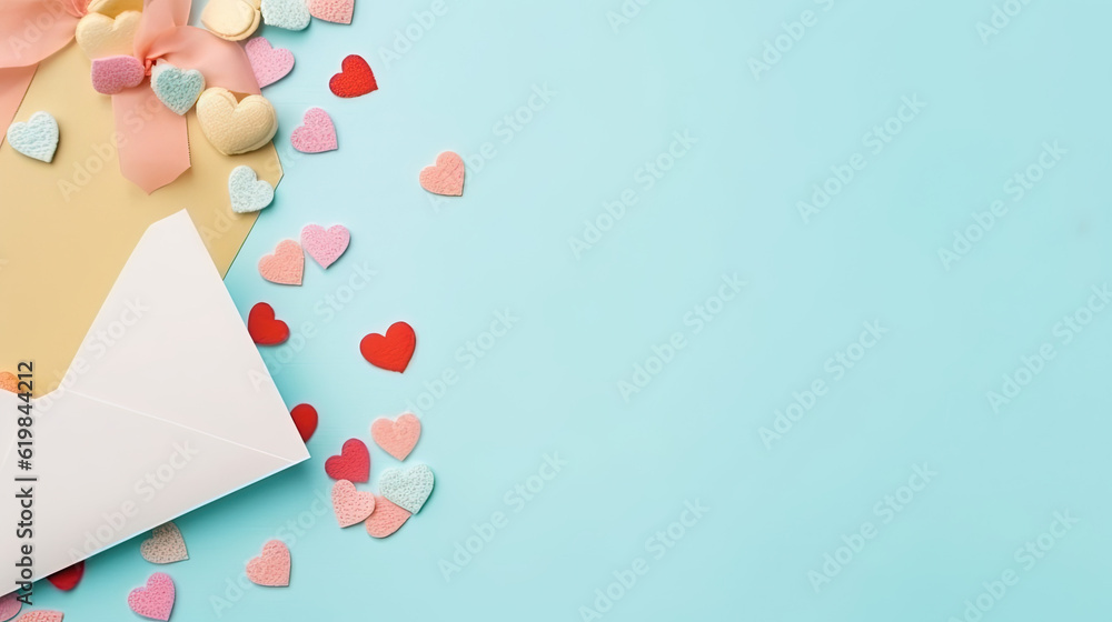 Top view of box, hearts and an envelope with free space for text on a pastel blue background. Mother's day concept. Flat lay, top view. Colored hearts tied together Top view of box, hearts and an envelope with free space for text on a pastel blue background. Mother's day concept. Flat lay, top view. Colored hearts tied together