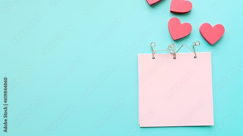 Turquoise sheet of paper with a paper clip and hearts on a pink background. Valentine concept. Minimalism Turquoise sheet of paper with a paper clip and hearts on a pink background. Valentine concept. Minimalism