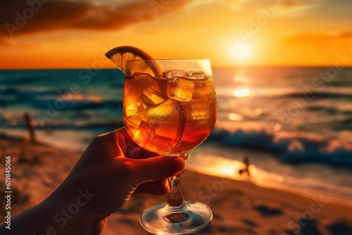 person with alcoholic drink on the beach, enjoying the summer
