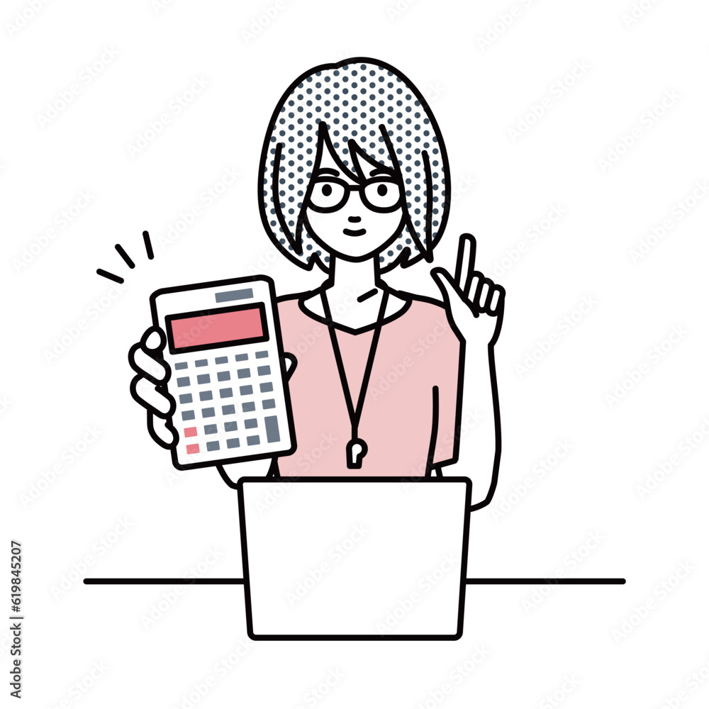 a woman teacher recommending, proposing, showing estimates and pointing a calculator with a smile in front of laptop pc a woman teacher recommending, proposing, showing estimates and pointing a calculator with a smile in front of laptop pc