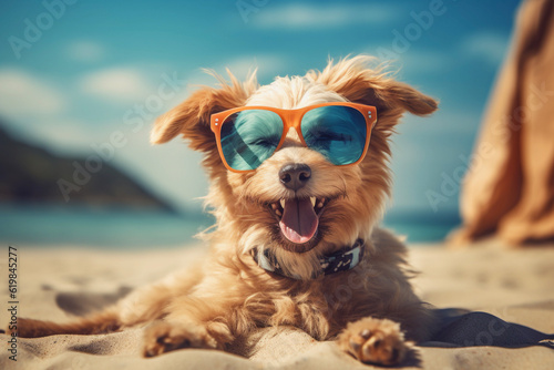 cool dog enjoying summer or vacation on the beach